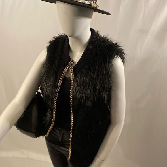 NWT Thalia Sodi Chain-Trim Faux-Fur Vest - Black - Picture 3 of 11
